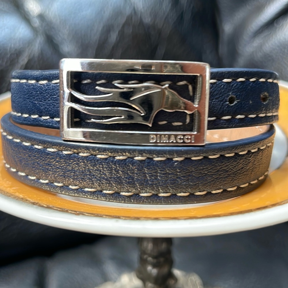 Dimacci Blue Leather Wrap Around Bracelet with Silver Tone Horse Head Buckle